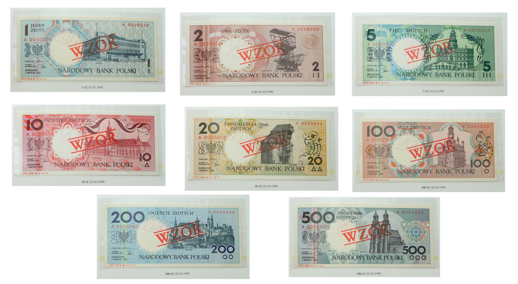 Album WZÓR/SPECIMEN Komplet 9 sztuk Miasta Polskie 1-500 złotych 1990